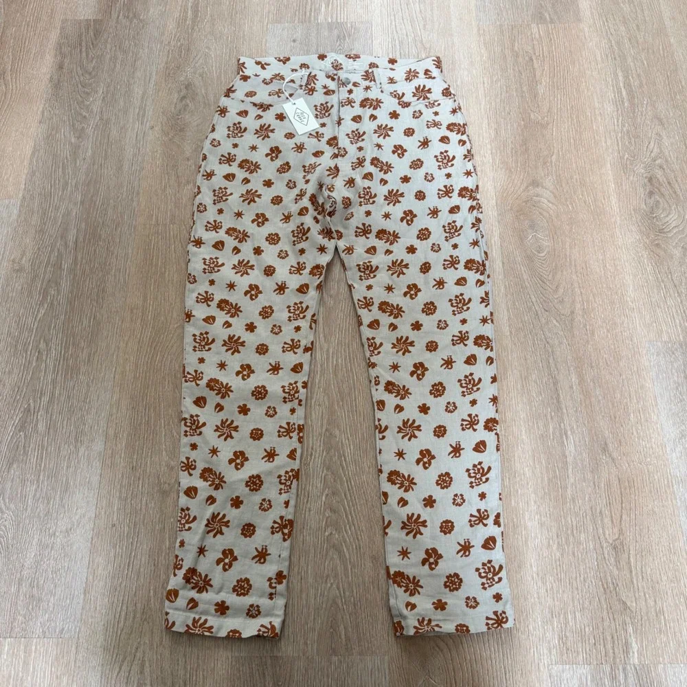 Alex Crane Cham Pants Mens 31 Bone Rust Floral 100% Linen Straight Leg Trousers